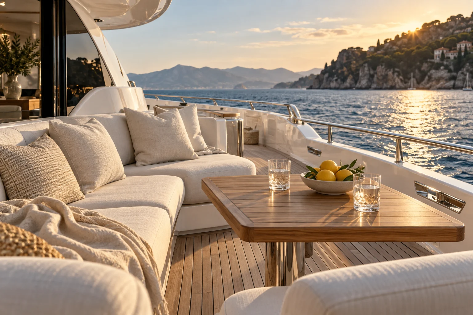 Illustrative teak yacht deck overlooking the sea
