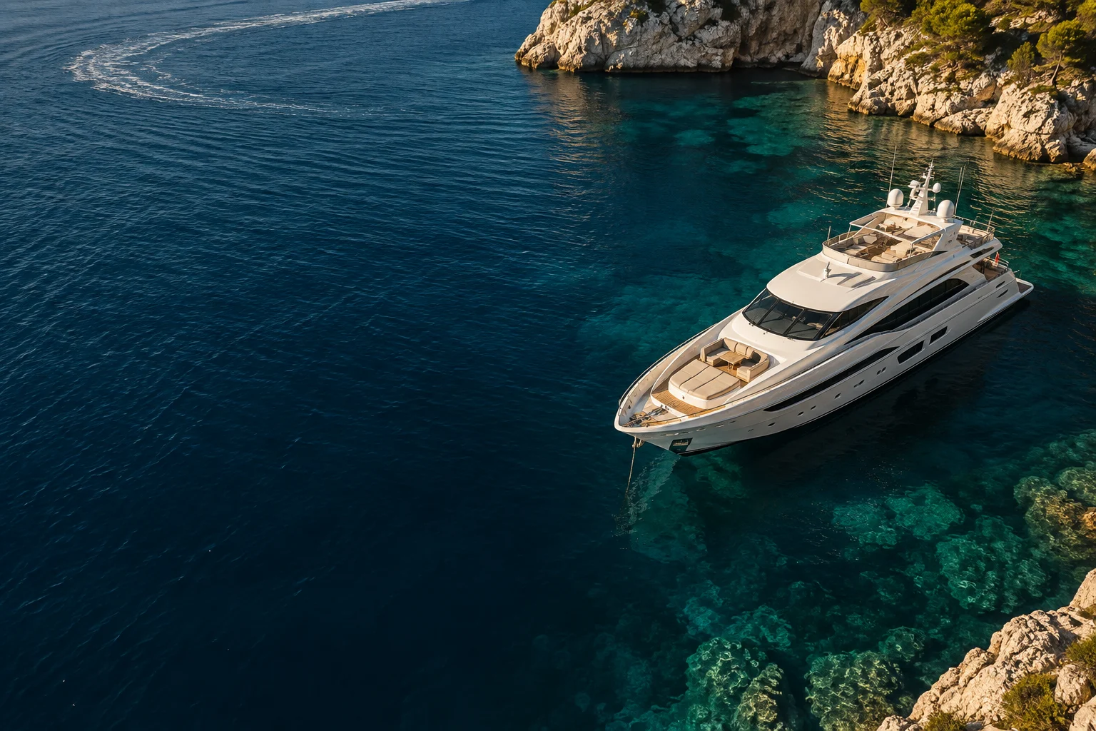 Illustrative motor yacht in clear Mediterranean-style water